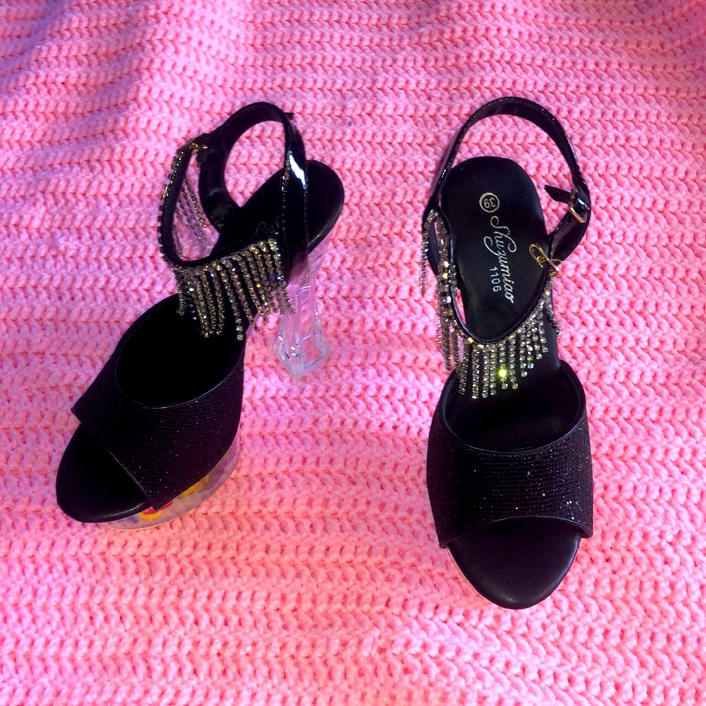 Black platform heels with silver rhinestone fringe